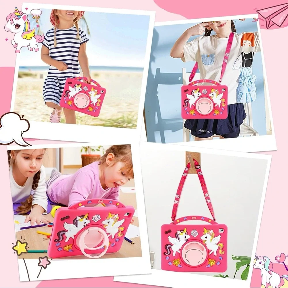 Kids Unicorn Case for iPad 5th 6th Gen Air 1 2 Pro 9.7 Silicone Stand Strap Pink